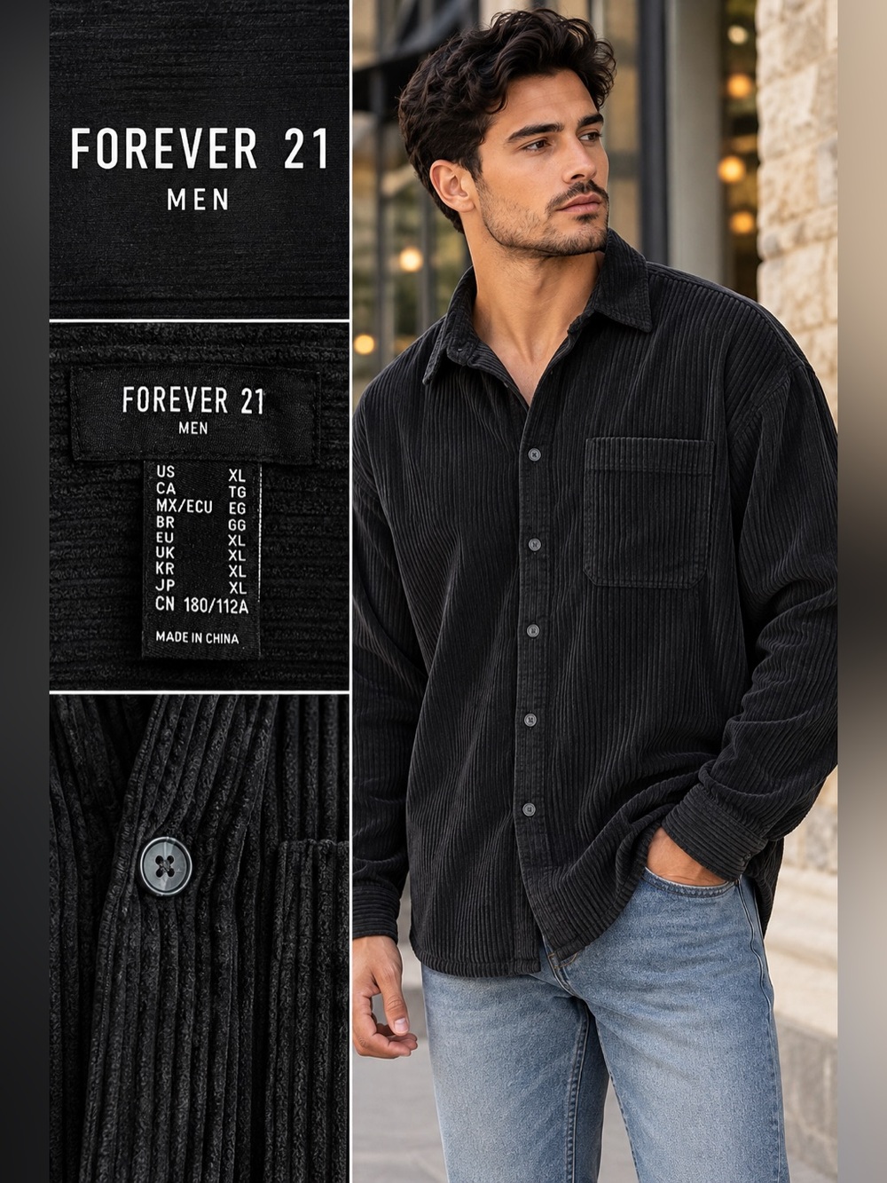Forever 21 Men's Corduroy Button-Up Shirt Blouse Black XL